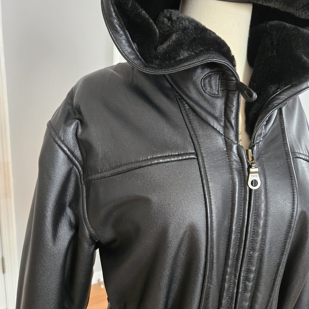 Hooded, Belted Black Leather Foux Fur Line Jacket